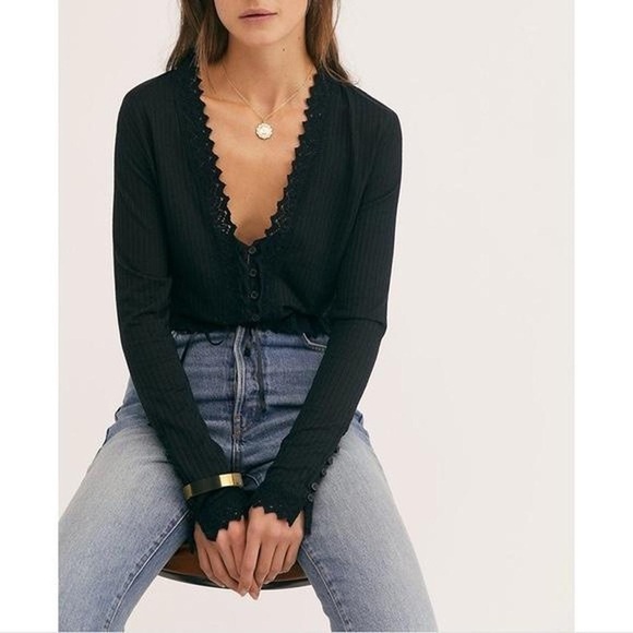 Free People Third Date L/S Button & Laced Cropped Top Blouse Womens Sz SP Black - Picture 6 of 7